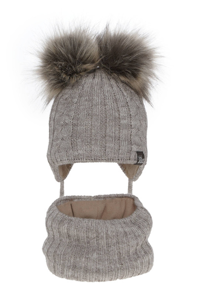 Winterset Mädchen: Mütze und Schlauchschal mit zwei Bommeln Beige Marlen