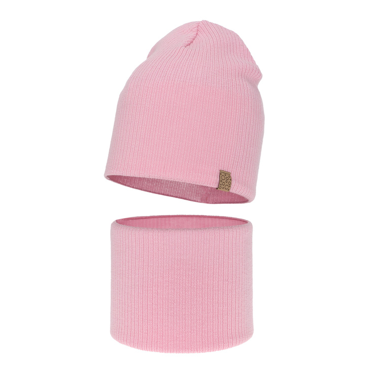 Herbst und Frühlingsset Mädchen: Mütze und Schlauchschal 100% extrafeine Merinowolle Rosa Ricona