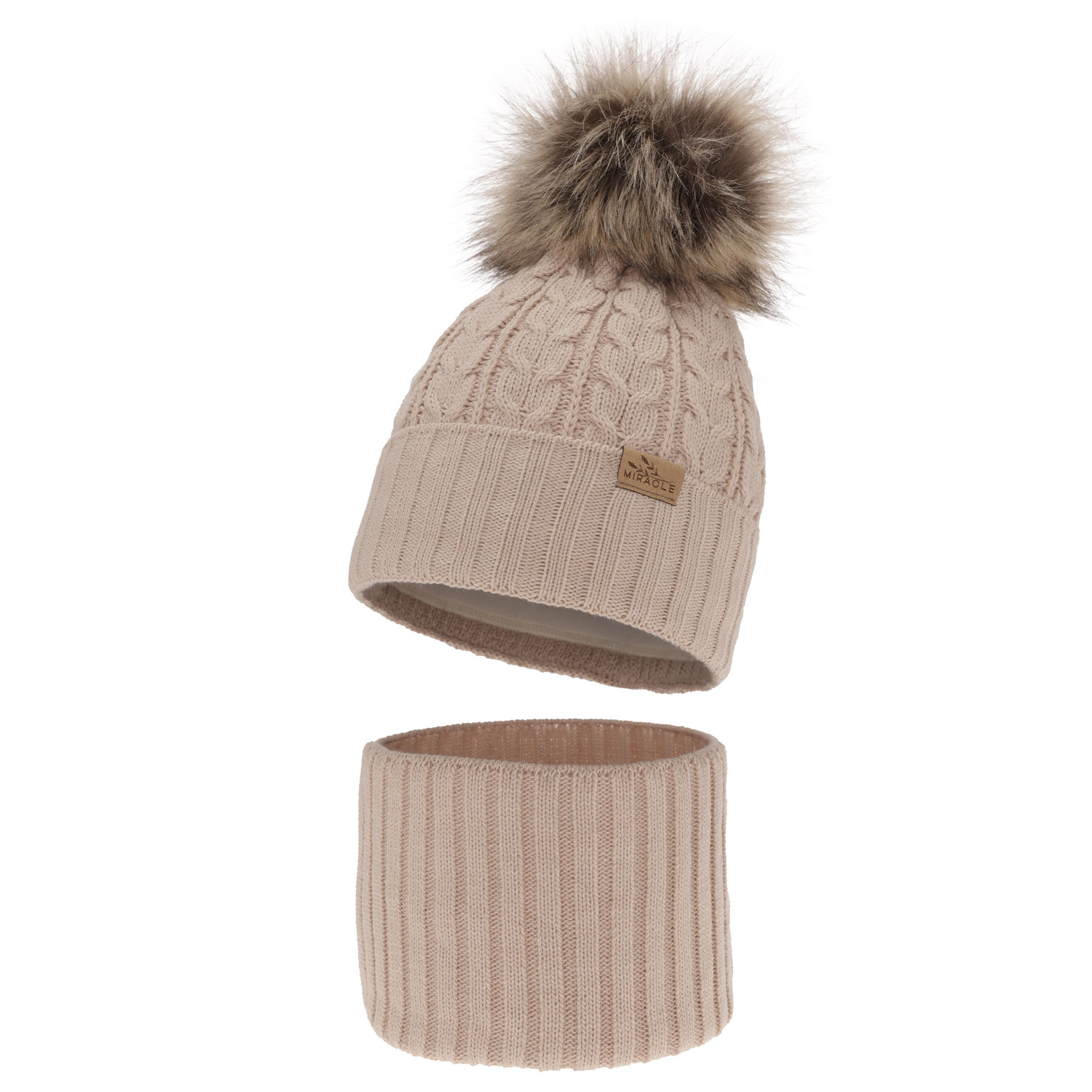 Winterset Mädchen: Mütze und Schlauchschal mit Bommel Beige Tanzania