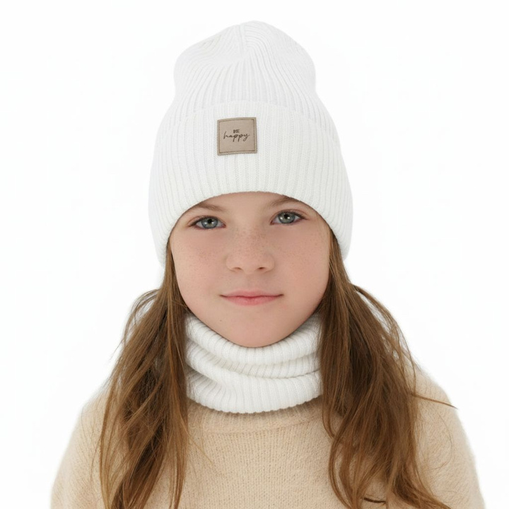 Herbst und Frühlingsset Mädchen: Mütze und Schlauchschal, 100% Merinowolle, Weiß, Vanita