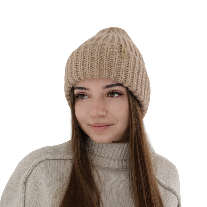 Wintermütze Damen aus Merinowolle Beige Caro