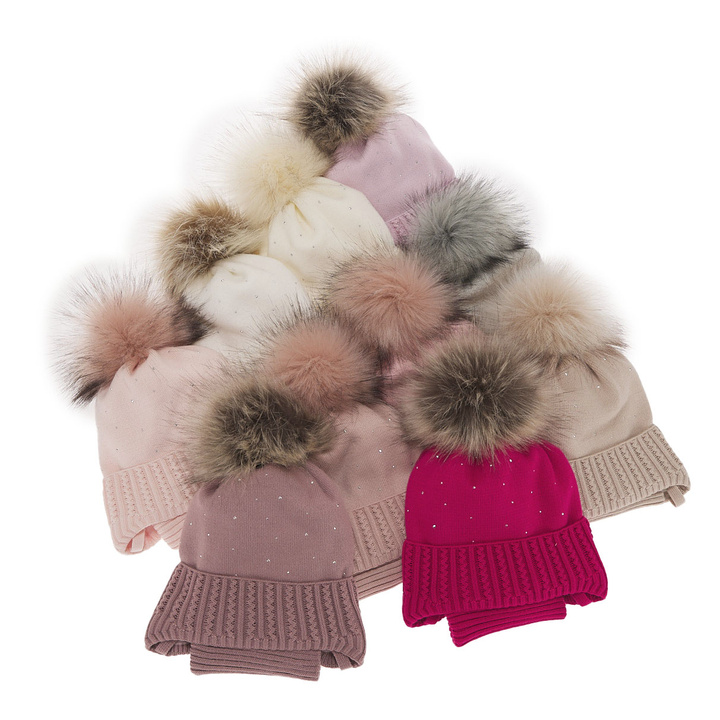Winterset für Mädchen: Mütze und Schlauchschal mit Bommel in Beige Renia