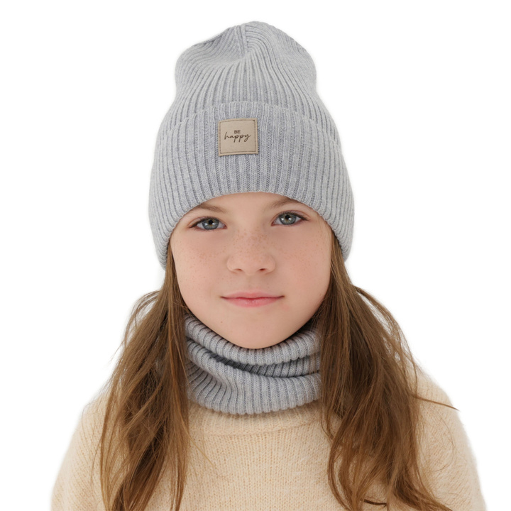 Herbst und Frühlingsset Mädchen: Mütze und Schlauchschal, 100% Merinowolle, Grau, Vanita