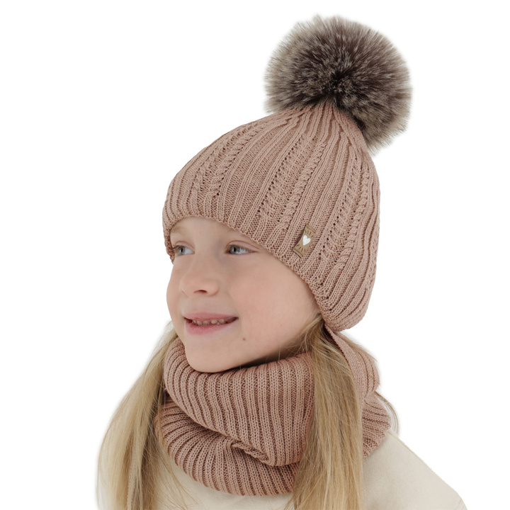 Winterset Mädchen: Mütze und Schlauchschal mit Merinowolle, Beige, Muanda