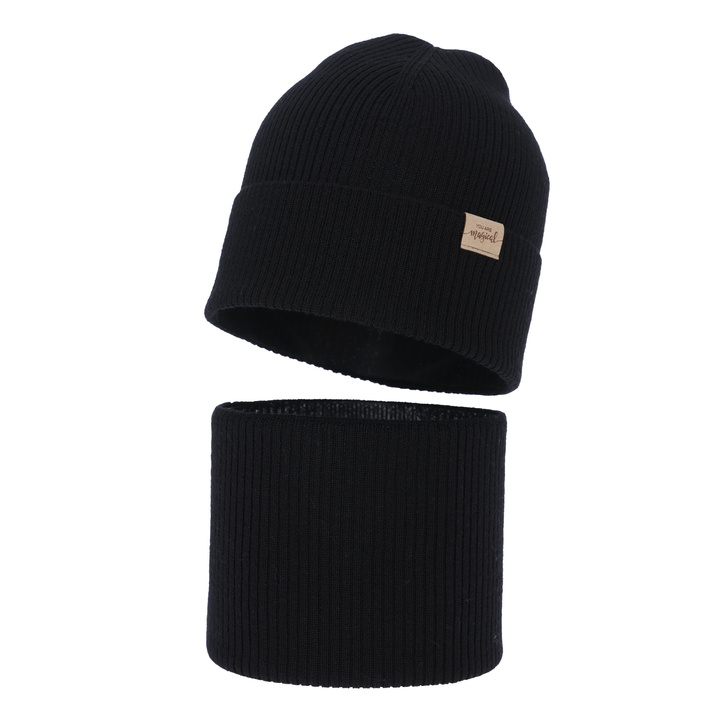 Herbst und Frühlingsset Mädchen: Mütze und Schlauchschal, schwarz, 100% Merinowolle, Magenta
