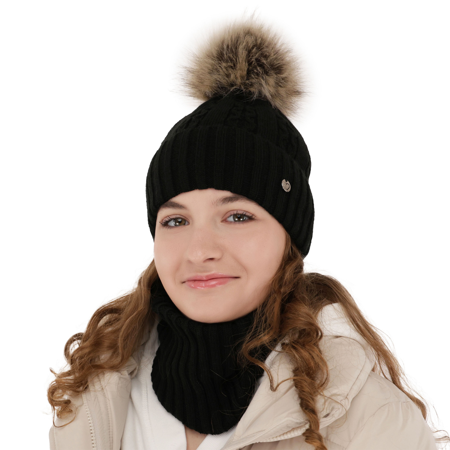 Winterset Mädchen: Mütze und Schlauchschal mit Bommel Rosa Felia