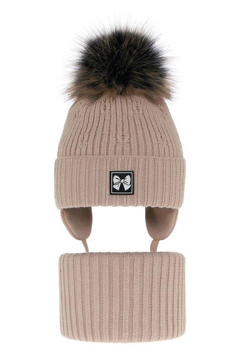 Winterset Mädchen: Mütze und Schlauchschal mit Bommel Beige Kinia