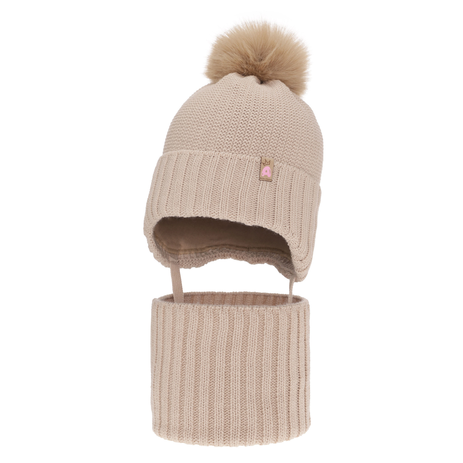 Winterset für Mädchen: Mütze und Schlauchschal mit Bommel in Beige Kaya