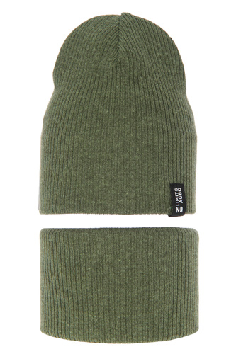 Herbst/ Frühjahrsset für Kinder: Mütze und Schlauchschal, mit Baumwolle, khaki Tunis