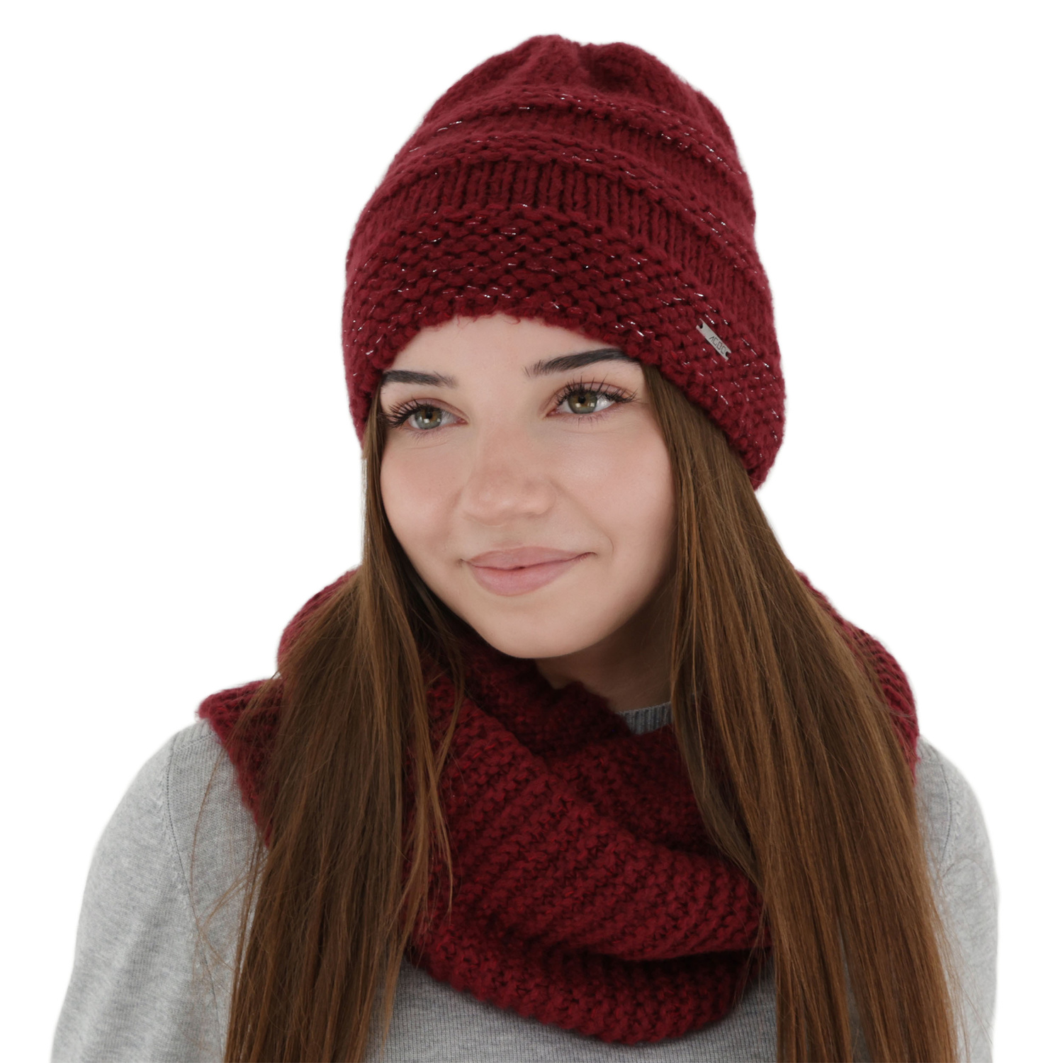 Winterset Damen: Mütze und Schlauchschal, Winter, bordeaux, mit Merinowolle, Driva