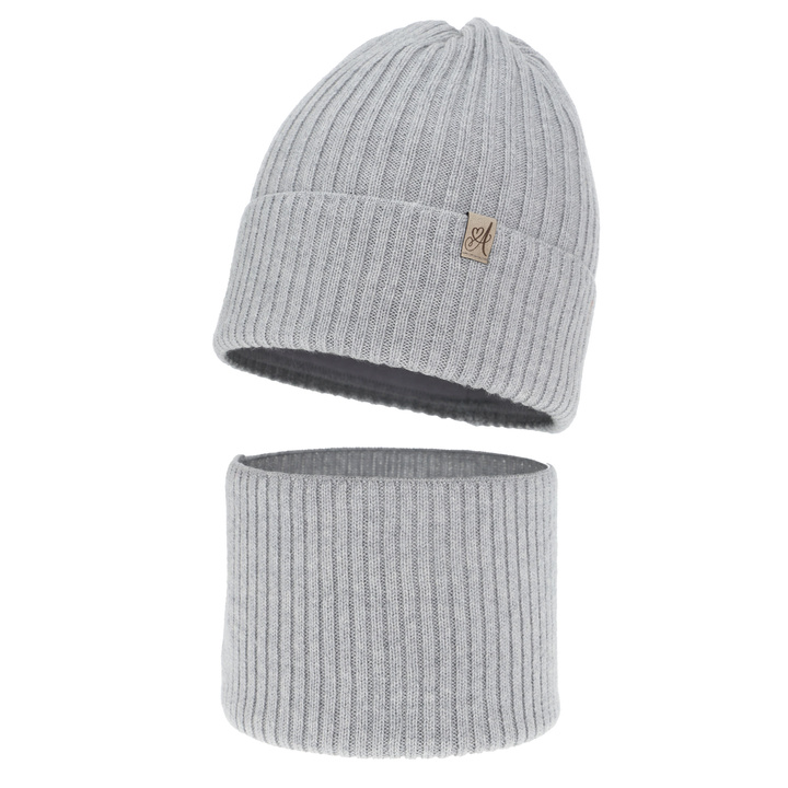 Winterset Mädchen: Mütze und Schlauchschal aus 100% Merinowolle, Grau, Patricia