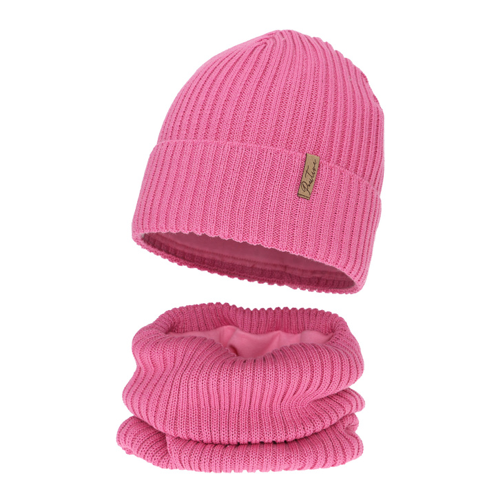 Mütze und mit Fleece gefütterter Schlauchschal für Mädchen Winterset, rosa, mit Merinowolle, Odette