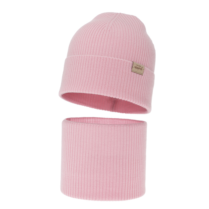 Herbst und Frühlingsset Mädchen: Mütze und Schlauchschal, rosa, 100% Merinowolle, Magenta