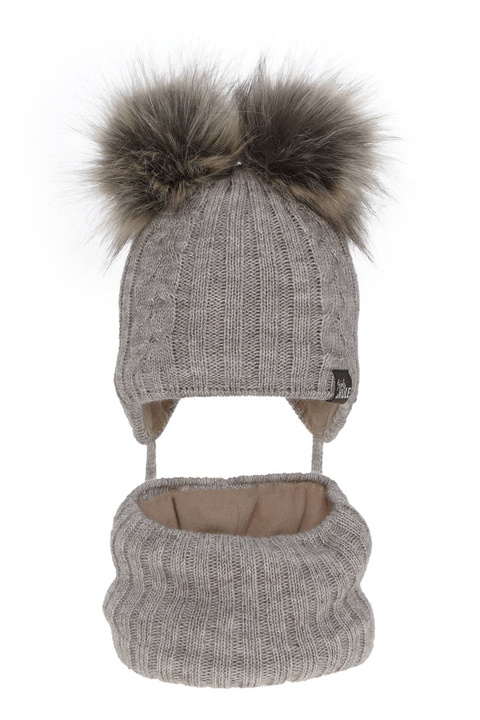 Winterset Mädchen: Mütze und Schlauchschal mit zwei Bommeln Beige Marlen