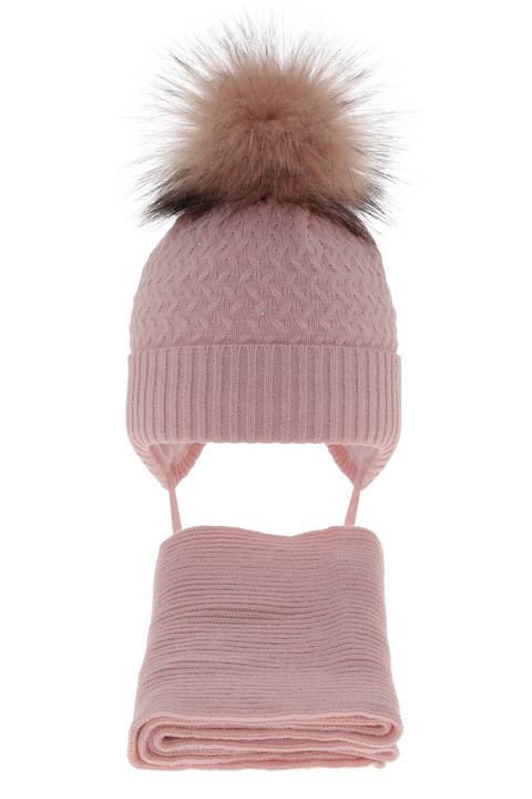 Winterset für Mädchen: Mütze und Schal mit Bommel in Rosa Zelta