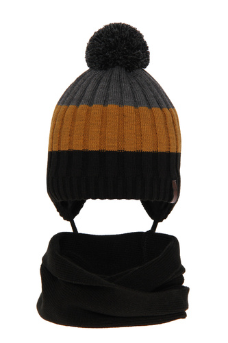 Winterset Jungen: Mütze und Schlauchschal mit Bommel Schwarz Hary