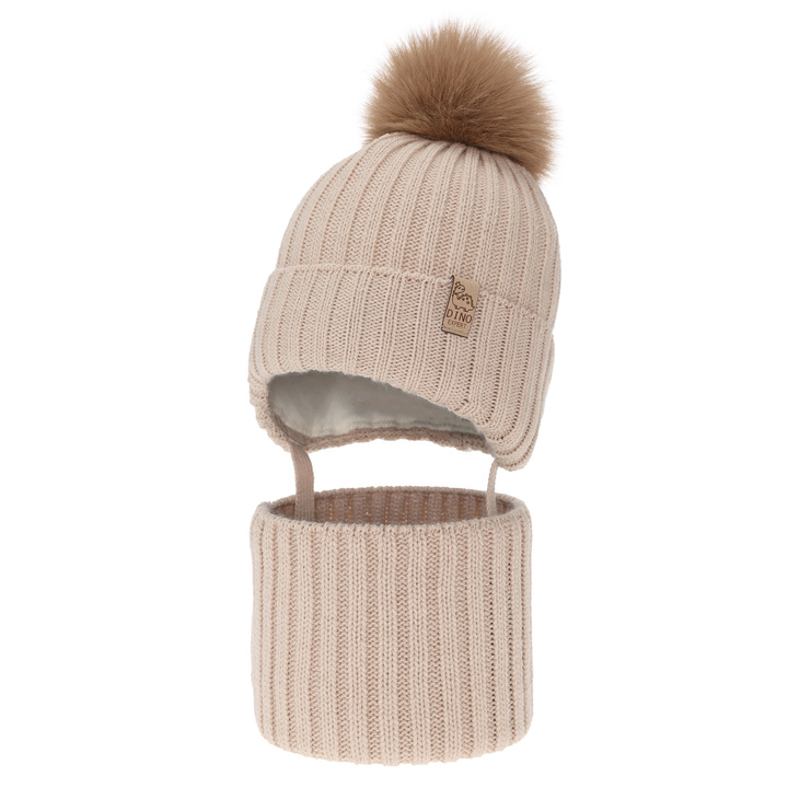 Winterset für Jungen: Mütze und Schlauchschal, mit Bommel, Beige, Bagil