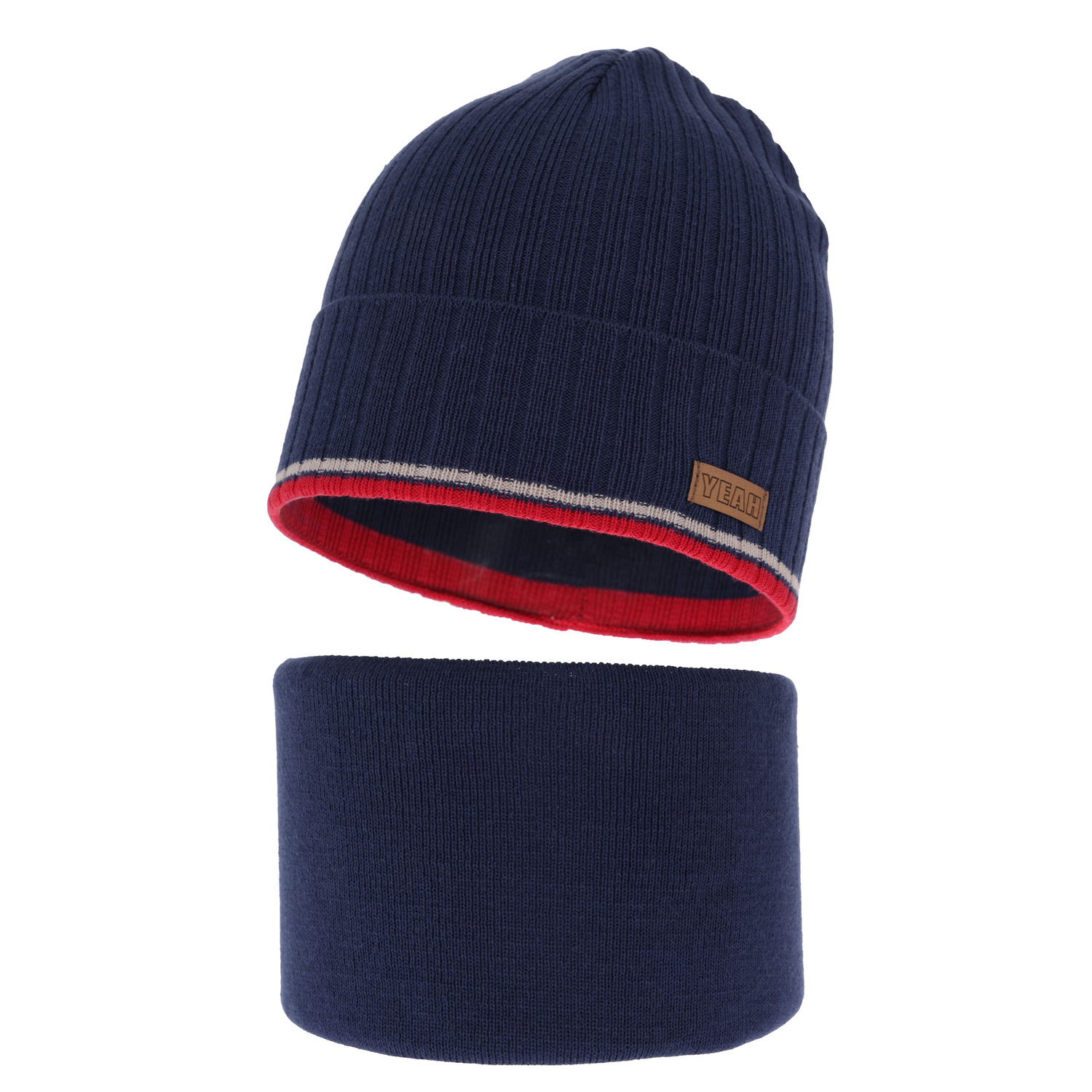 Herbst und Frühlingsset Jungen: Mütze und Schlauchschal, mit Baumwolle, Navy Blau London