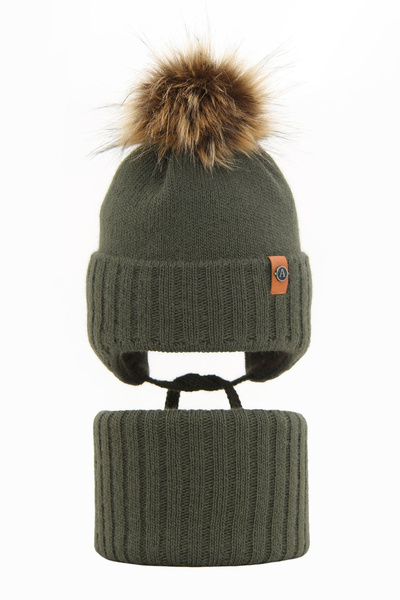 Winterset Jungen: Mütze und Schlauchschal mit Bommel khaki Dominik