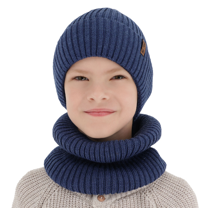Winterset Jungen: Mütze und Schlauchschal, blau, mit Merinowolle, Colton