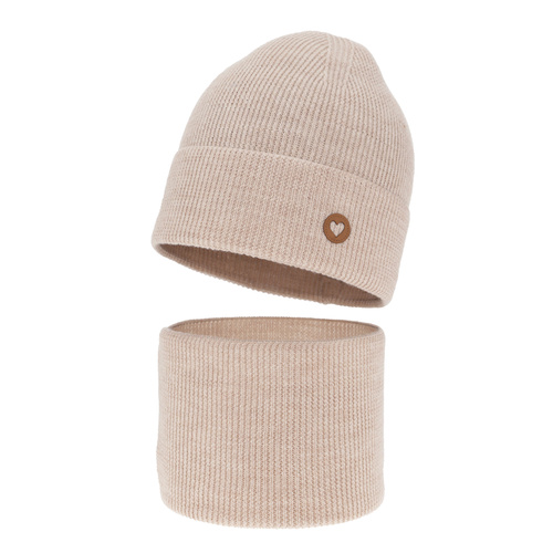Herbst und Frühlingsset Mädchen: Mütze und Schlauchschal 100% extrafeine Merinowolle Beige Brook