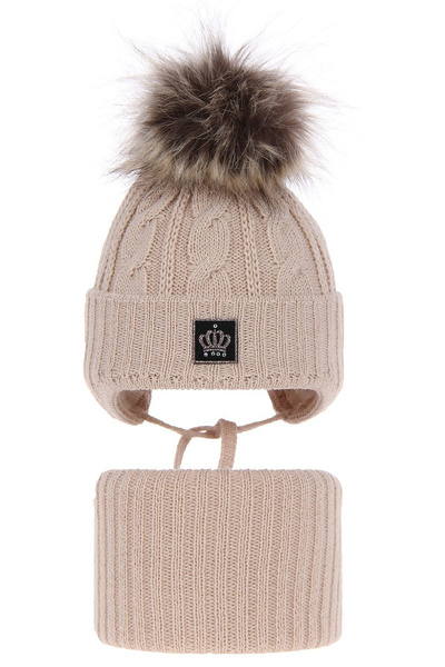 Winterset Mädchen: Mütze und Schlauchschal mit Bommel Beige Tigra