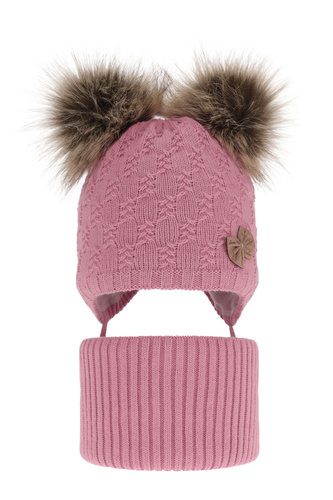 Winterset für Mädchen: Mütze und Schlauchschal mit zwei Bommeln in Rosa Bettina