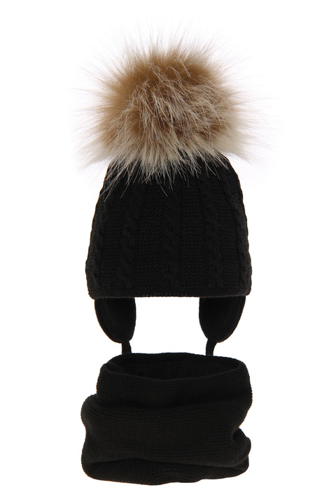 Winterset Mädchen: Mütze und Schlauchschal mit Bommel Schwarz Klementin