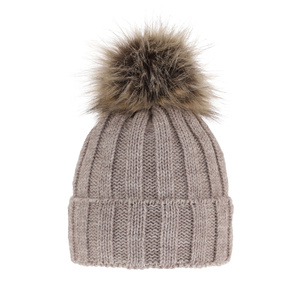 Wintermütze Damen mit Bommel Beige Mokka