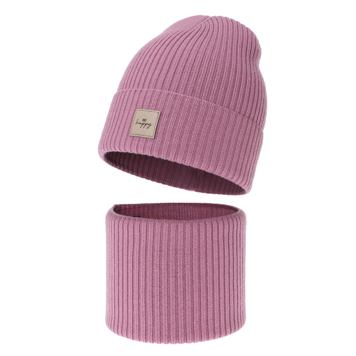 Herbst und Frühlingsset Mädchen: Mütze und Schlauchschal, 100% Merinowolle, Rosa, Vanita