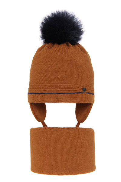 Winterset Jungen: Mütze und Schlauchschal mit Bommel Camel Burgund