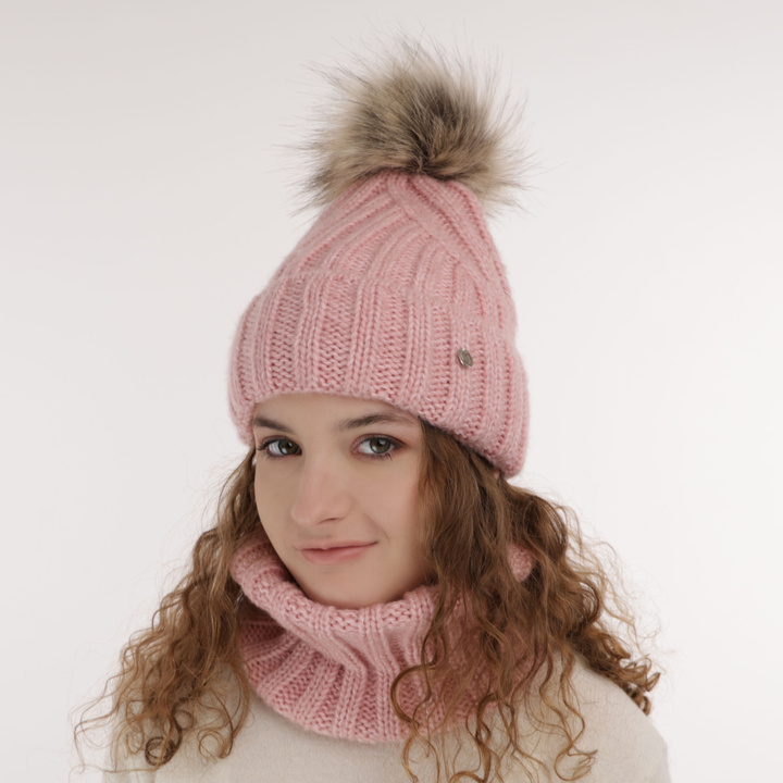 Winterset Mädchen: Mütze und Schlauchschal mit Bommel Rosa Polaris