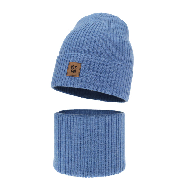 Herbst und Frühlingsset Jungen: Mütze und Schlauchschal 100%  Merinowolle Blau Vanto