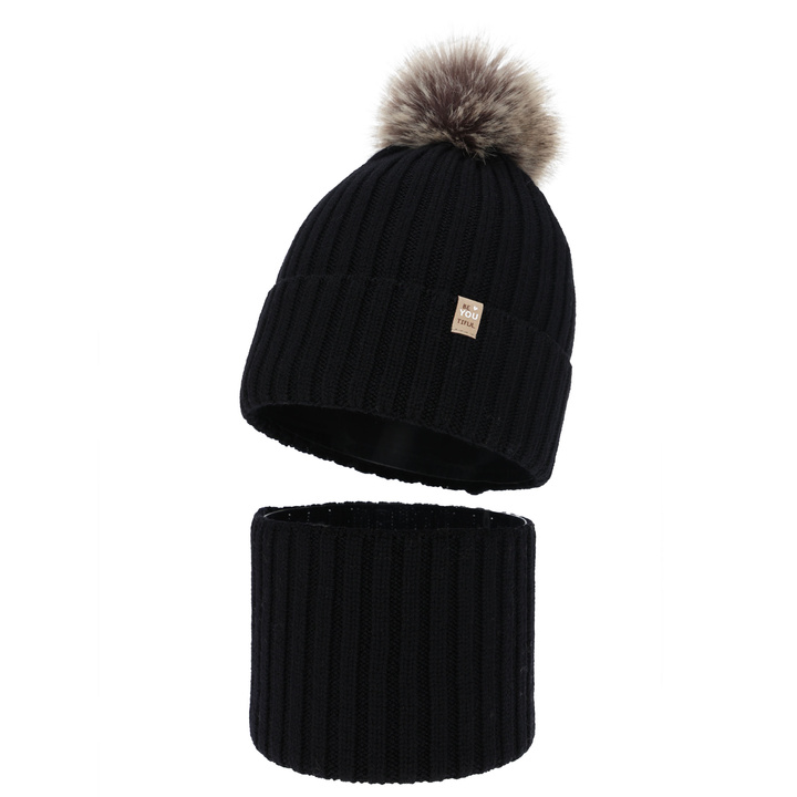 Winterset Mädchen: Mütze und Schlauchschal, schwarz, 100% Merinowolle, Baumwollfutter, mit Bommel, Terida