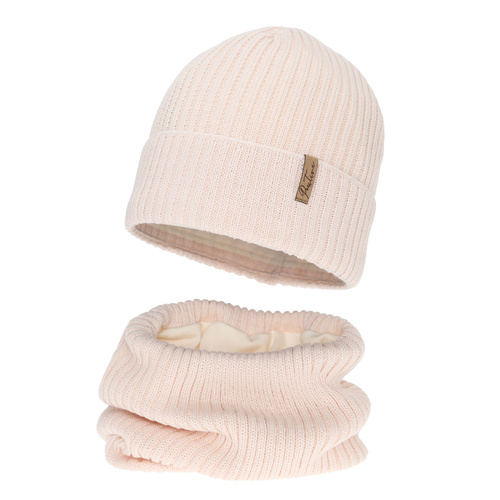 Mütze und mit Fleece gefütterter Schlauchschal für Mädchen Winterset, rosa, mit Merinowolle, Odette