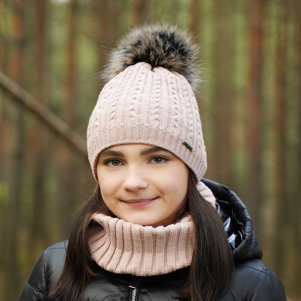 Winterset Mädchen: Mütze und Schlauchschal mit Bommel Rosa Rima