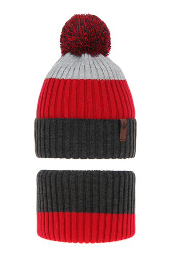 Winterset Jungen: Mütze und Schlauchschal mit Bommel Grau Karson