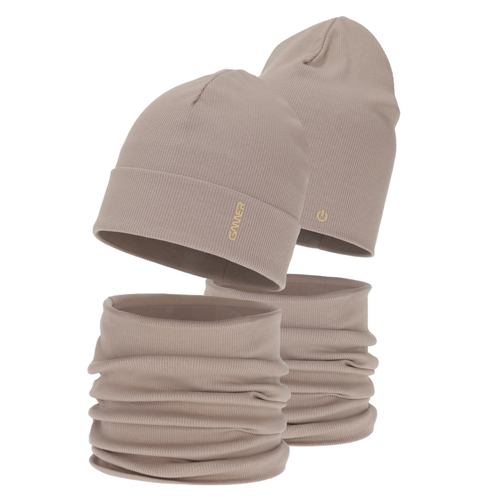 Herbst und Frühlingsset Jungen: Mütze und Schlauchschal, aus Baumwolle, beige, Desider