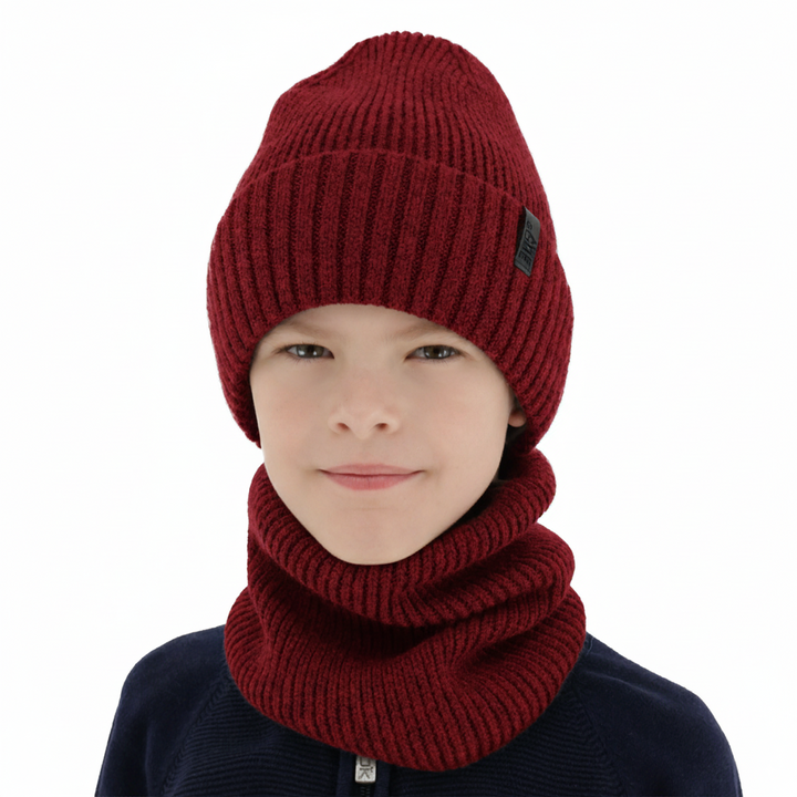 Mütze und Schlauchschal für Jungen, Winterset, 100% Merinowolle, mit Merinowollfutter, burgunderrot Harbin