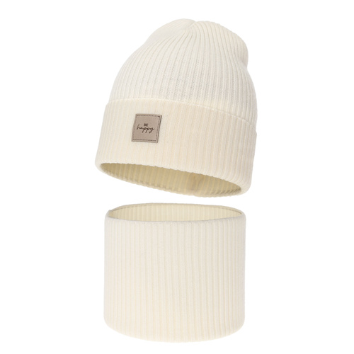 Herbst und Frühlingsset Mädchen: Mütze und Schlauchschal, 100% Merinowolle, Cremefarben, Vanita