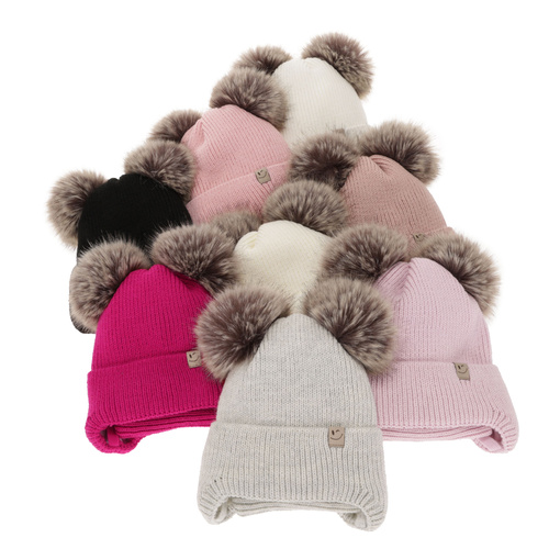 Winterset für Mädchen: Mütze und Schlauchschal mit zwei Bommeln in Beige Zori