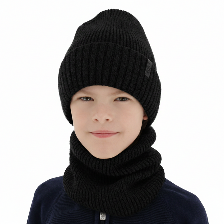Mütze und Schlauchschal für Jungen, Winterset, 100% Merinowolle, mit Merinowolle gefüttert, Schwarz Harbin