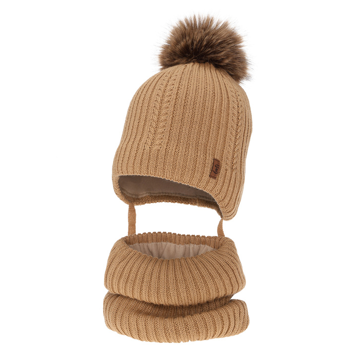 Mütze und Halswärmer für Jungen, Winter-Set, Camel, mit Merinowolle, zum Binden Zongo