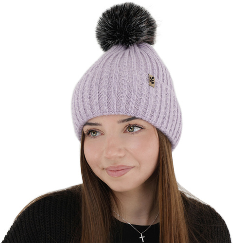 Wintermütze Damen, violett, mit Bommel, Calista