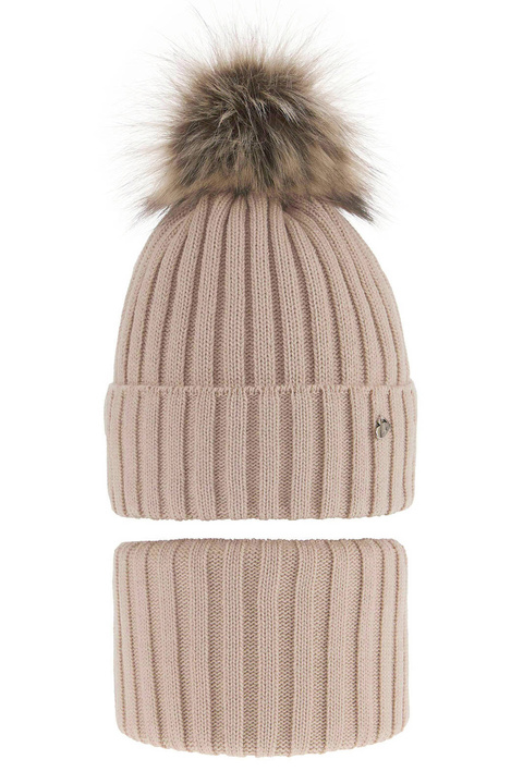 Winterset Mädchen: Mütze und Schlauchschal mit Bommel Beige Wilma