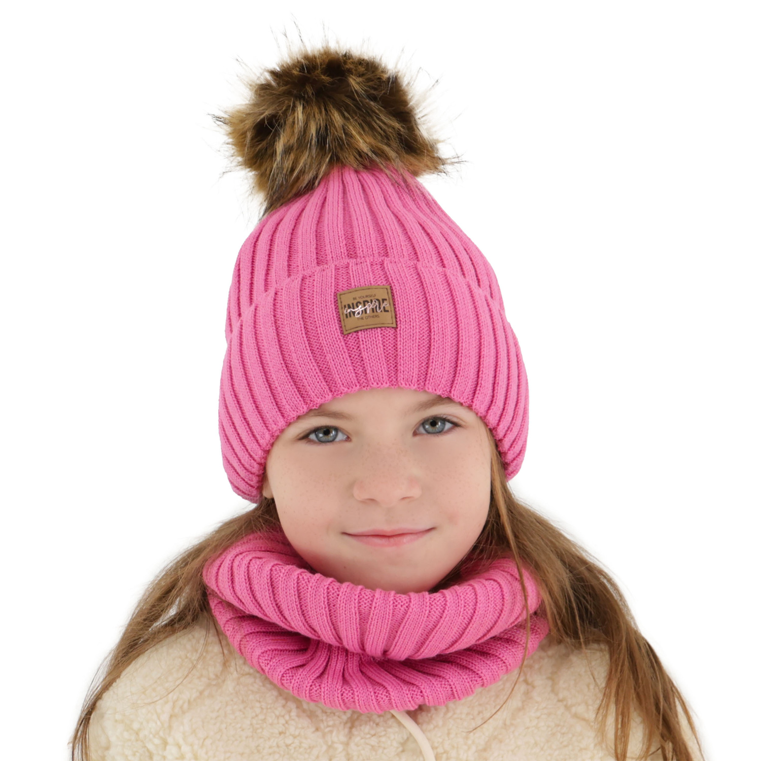 Winterset Mädchen: Mütze und Schlauchschal, beige, gefüttert mit Fleece, mit Merinowolle, Bellina