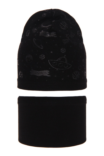 Herbst und Frühlingsset Jungen: Mütze und Schlauchschal Schwarz Kosmos