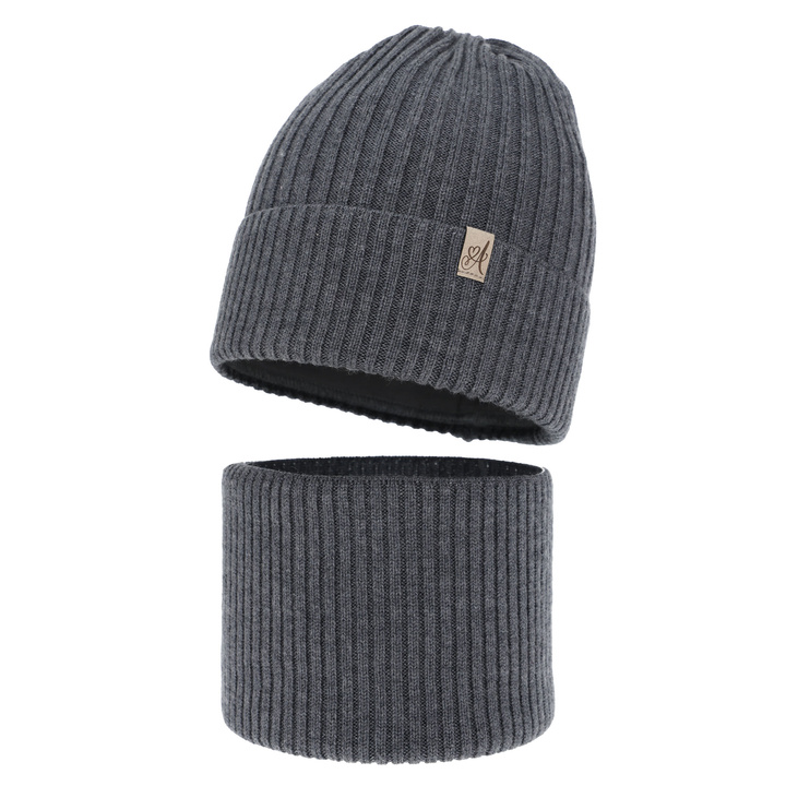 Winterset Mädchen: Mütze und Schlauchschal aus 100% Merinowolle, Grau, Patricia