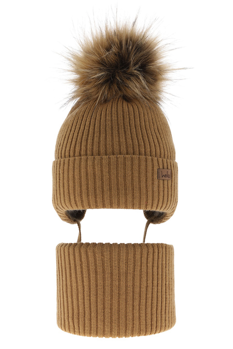 Winterset für Jungen: Mütze und Schlauchschal mit Bommel in Camel Bergo