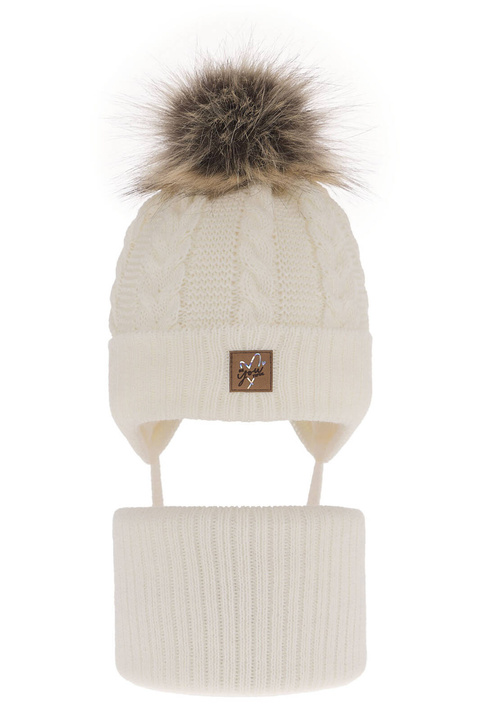 Winterset für Mädchen: Mütze und Schlauchschal mit Bommel in Cremefarben Finess